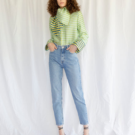 Small Bow Shirt in Checkered Silk Wool Suiting