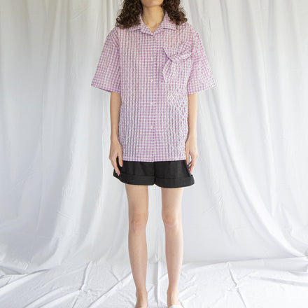 Bowling Shirt in Lilac Seersucker (PATCH VERSION, NO BOW)