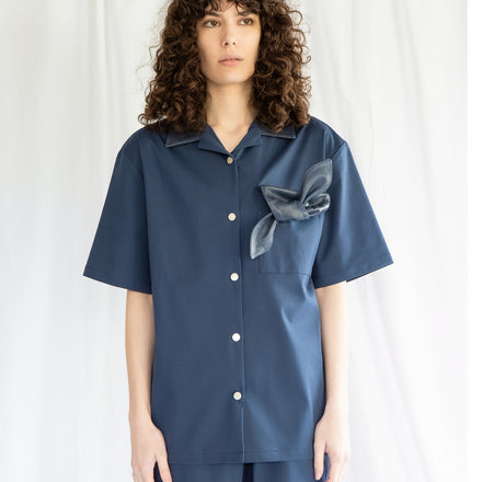 Bowling Shirt and Shorts Set in Navy Ponte with Leather