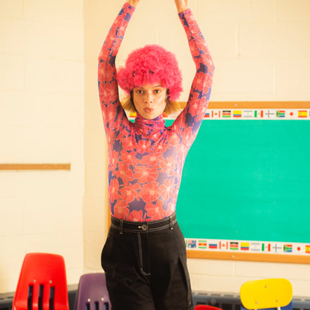 Mesh Turtleneck Top in Pink Floral Print